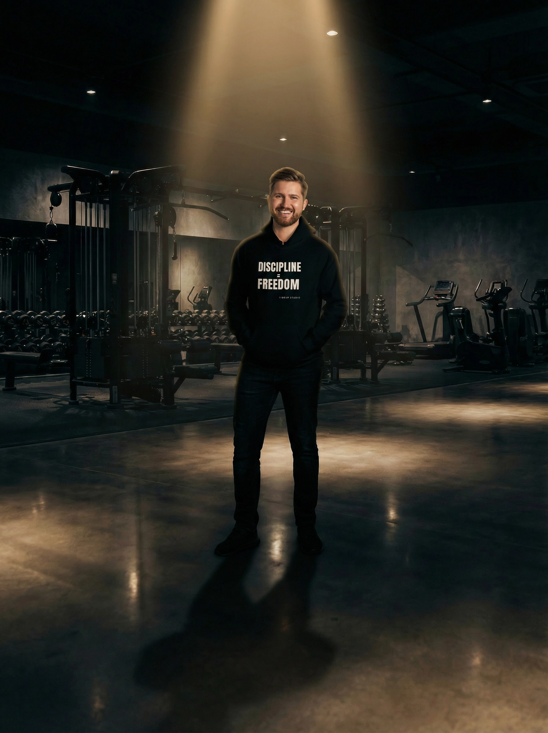 Man standing in a gym with a motivational quote on his hoodie